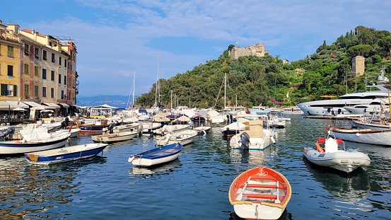 View of boats and architecture in the village of Portofino on the Italian Riviera Coastline