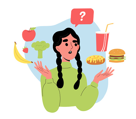 Girl chooses food concept. Healthy vs unhealthy eating. Banana, apple versus hamburger and cola. Woman with right and wrong diet. Cartoon flat vector illustration isolated on white background