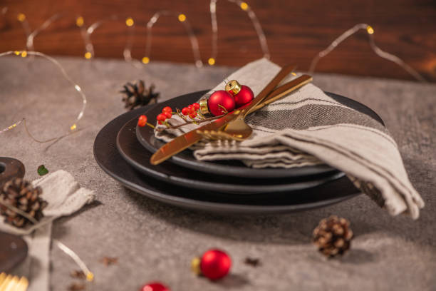 istock Christmas table with black plates 1821351878
