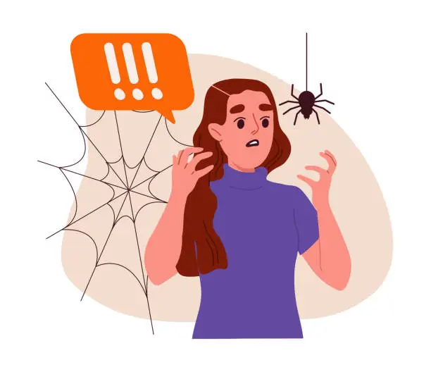 Vector illustration of Woman afraid of spiders vector concept