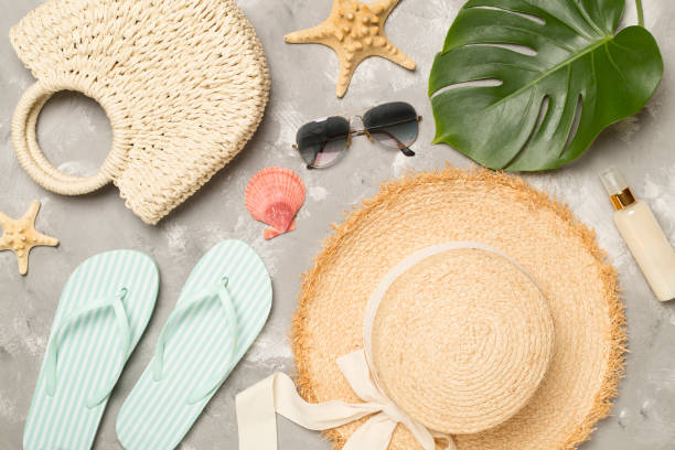 istock Beach accessories on concrete background, flat lay 1821379738