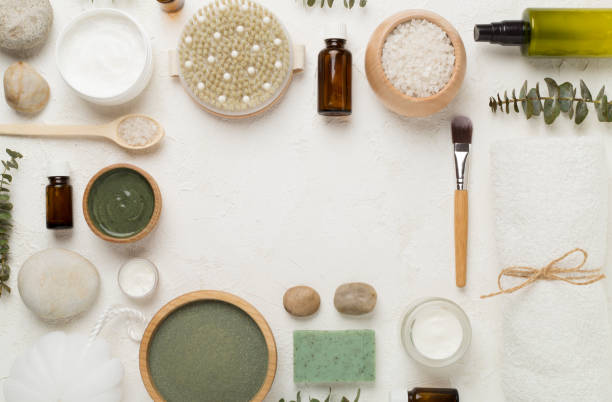 istock Composition with cosmetic clay and spa products on concrete background, top view 1821380277