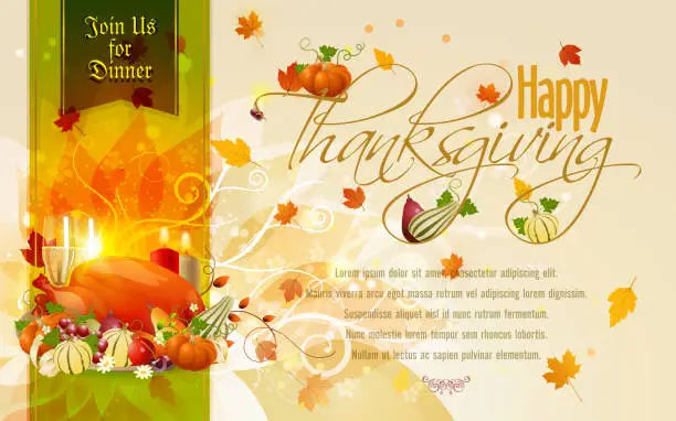 Vector illustration of Invite for a Thanksgiving dinner decorated in Autumn colors