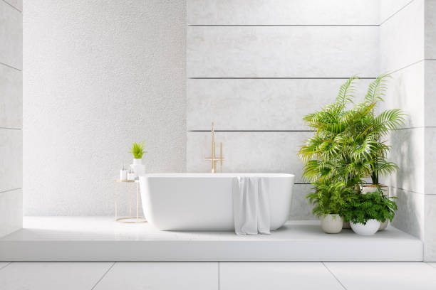 istock Modern  bathroom interior ,white bathtub and wood tile and white stone wall , 3drender 1821430593