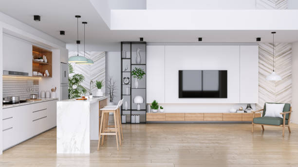 istock Modern Contemporary living and kitchen  room interior .white and wood material 3d render 1821430712