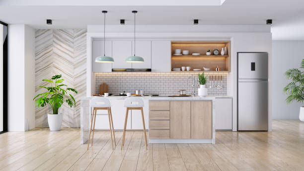 istock Modern Contemporary  kitchen room interior .white and wood material 3d render 1821430713