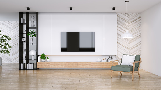 TV cabinet and display with wood flooring and green chair, minimalist and vintage interior of living room,  ,3d rendering