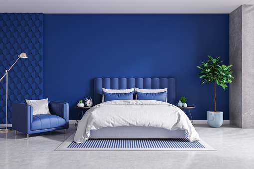 Modern bedroom and decorating ideas ,classic blue room.3d render