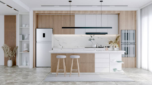 istock Modern Contemporary  kitchen room interior .white and wood material 3d render 1821433356