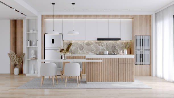 istock Modern Contemporary  kitchen room interior .white and wood material 3d render 1821433360
