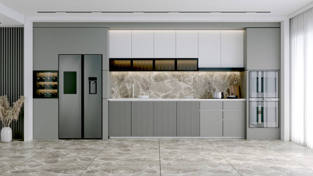 istock Modern Contemporary  kitchen room interior . gray color material 3d render 1821433366