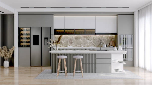 istock Modern Contemporary  kitchen room interior . gray color material 3d render 1821433376