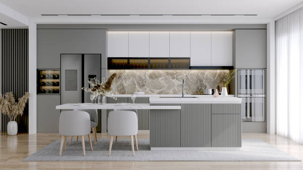 istock Modern Contemporary  kitchen room interior . gray color material 3d render 1821433377