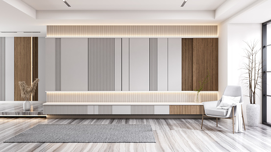 TV wall and modern Minimal  living room interior design, marble  floor, 3d render