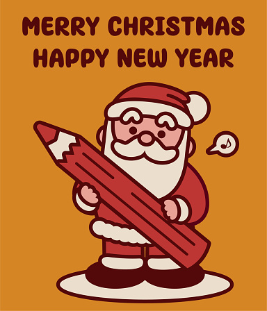 Cute Christmas Characters Vector Art Illustration.
Adorable Santa Claus holding a big pencil wishes you a Merry Christmas and a Happy New Year.
