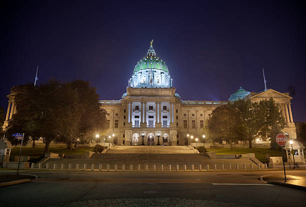 istock Pennsylvania State Capitol, Night Scene with Tower Lit 182145178