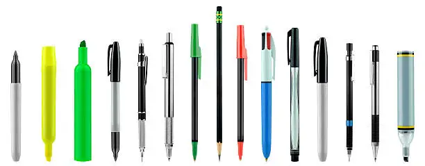 "Collection of pens,pencils,and highlighters on the white background."
