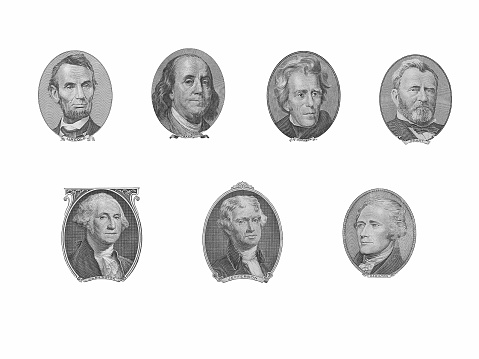 Isolated presidential portraits from their respecitve currency.