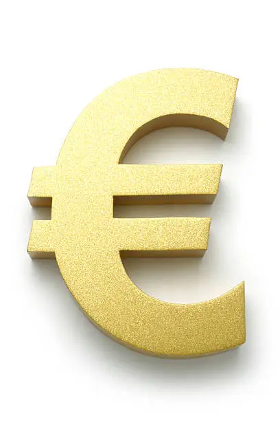 Golden Euro symbol isolated on white background.