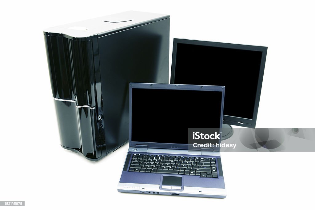 Components "Laptop, LCD and TowerCanon 1ds Mark II, 24-70f2.8 L Lens" Desktop PC Stock Photo