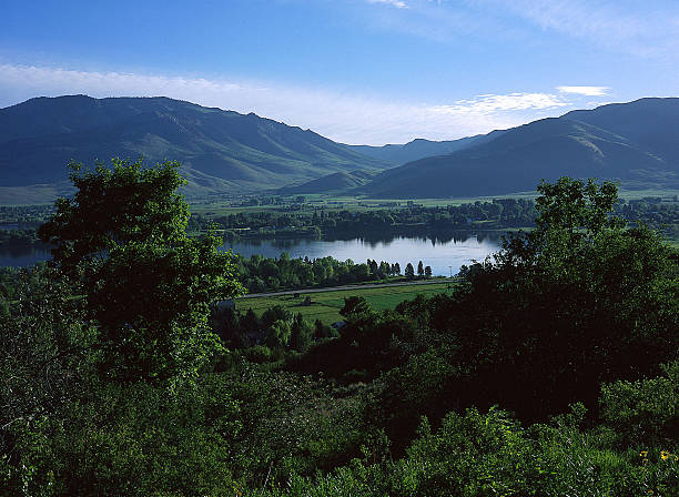 Beautiful Ogden Valley with Pineview Reservoir, Utah This is a beautiful picture in Ogden Valley with the Pineview Reservoir winding through the middle.  The lush green landscape is inviting and shows the majestic beauty of the Ogden Valley and of Utah. ogden utah photos stock pictures, royalty-free photos & images