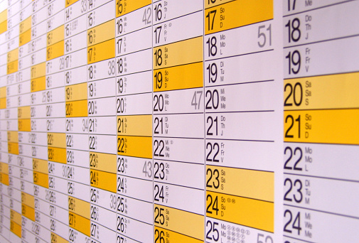 Closeup of calendar page. Two columns are in sharp focus. Everything else is blur. Shallow depth of field.