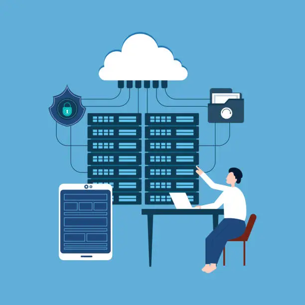 Vector illustration of business data Center technology with cloud computing service concept