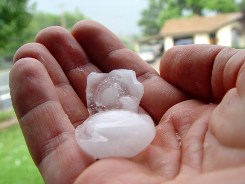 A man's hand holds a nearly-golf-ball-sized hailstone.