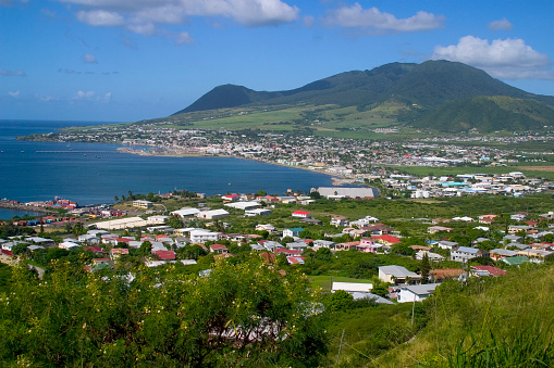 The capital city of the country St. Kitt's Nevis. Image composed on hillside overlooking city and port.