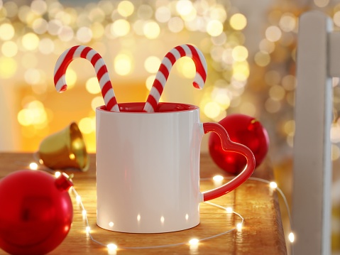 White heart shaped handle coffee cup with copy space for the logo, text or design with bright lights unfocused in a Christmas scene. Mock up for drink concept. 3D Rendering.