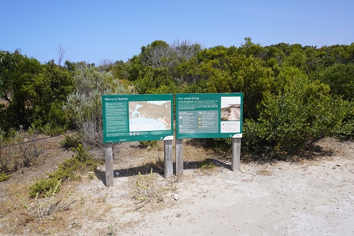 Eyre Peninsula, South Australia, Australia, November 11, 2023.\nParts of the park are accessible to 4WD only and the boards are informing motorists of this