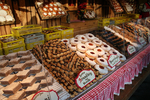 Belgian chocolates for sale in pastry shop in  Antwerp, Belgium on October 30, 2022.