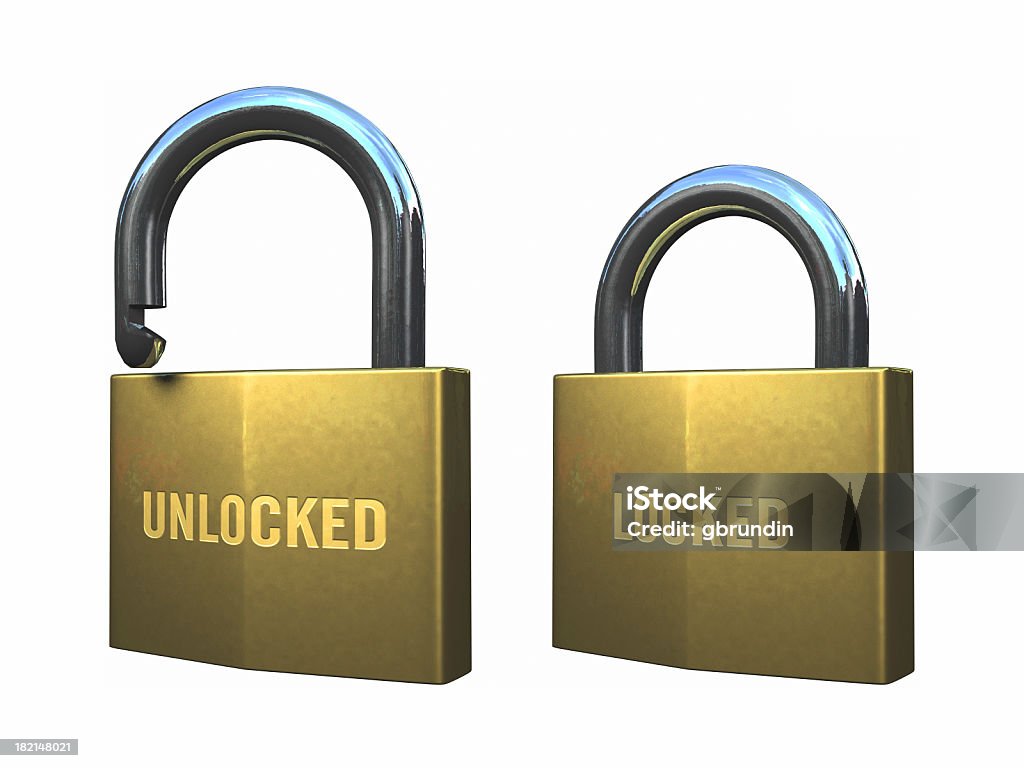 Locked and unlocked padlocks "A pair of padlocks, locked and unlocked, rendered in 3D." Brass Stock Photo