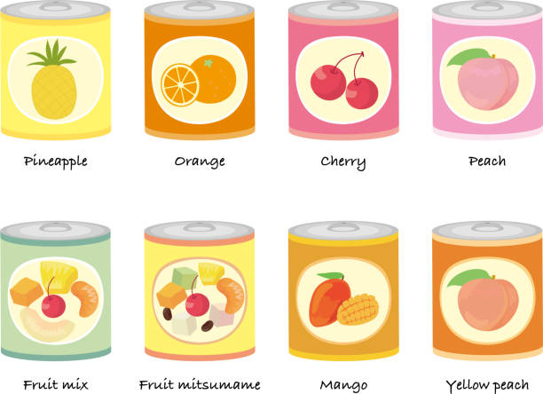 8 종류의 과일 통조림의 간단한 벡터 그림입니다. - agar jelly illustrations stock illustrations