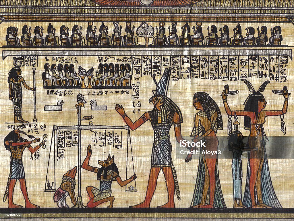 Egyptian Papyrus "Egyptian Papyrus showing the last judgment, if your heart is lighter than the feather, you go to paradise." Egypt Stock Photo
