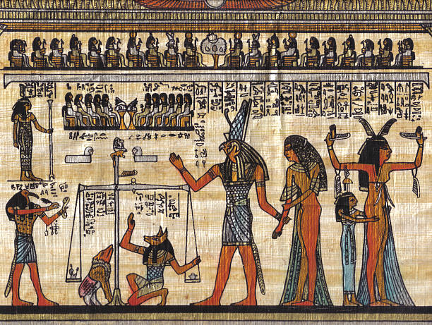 Egyptian Papyrus "Egyptian Papyrus showing the last judgment, if your heart is lighter than the feather, you go to paradise." papyrus paper photos stock pictures, royalty-free photos & images