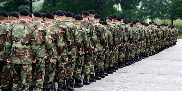 Bucharest, Romania - November 29, 2013: American soldiers march during the rehearsal for the Romania's National Day military parade on November 29, 2013 in Bucharest.