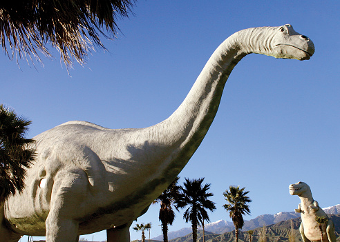 Two roadside dinosaurs located near Palm Springs, CA. One is hollow and holds a gift shop full of prehistoric souvenirs.