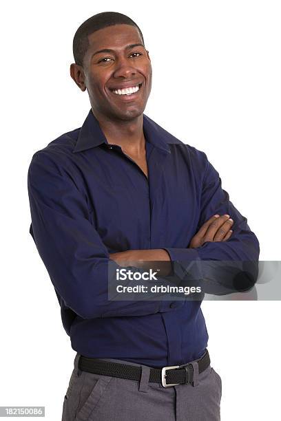 Excited Man Smiling With Arms Crossed Stock Photo - Download Image Now - White Background, Businessman, African-American Ethnicity