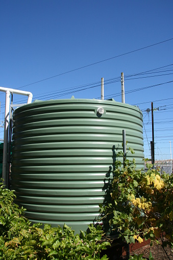 Water tank nestled into green shrubbery.