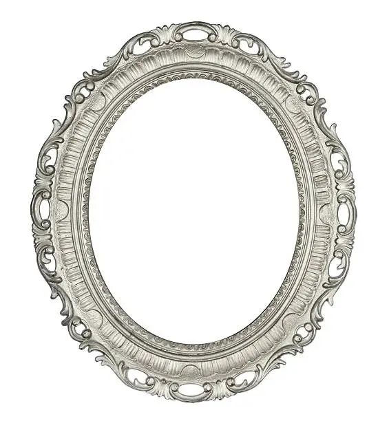 Fine detailed old silver coloured frame. Oval in shape. Pure White background for easy editing.