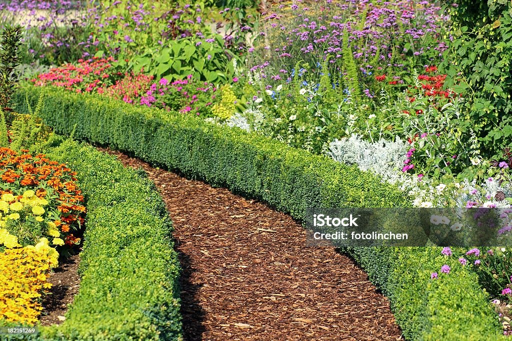 Herb and flower garden Footpath in the herb and flower garden Hedge Stock Photo