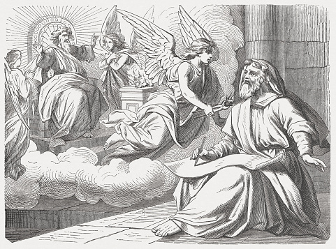 I said, “Too bad for me! I am destroyed, for my lips are contaminated by sin, and I live among people whose lips are contaminated by sin. My eyes have seen the king, the Lord who commands armies.” But then one of the seraphs flew toward me. In his hand was a hot coal he had taken from the altar with tongs. He touched my mouth with it and said, “Look, this coal has touched your lips. Your evil is removed; your sin is forgiven.” I heard the voice of the sovereign master say, “Whom will I send? Who will go on our behalf?” I answered, “Here I am, send me!” (Isaiah, Chapter 6, 5-8). Woodcut engraving after a drawing by Julius Schnorr von Carolsfeld (German painter, 1794 - 1872), published in 1877.