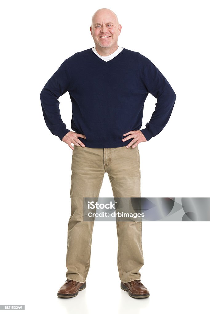 Happy Mature Man Standing Portrait Portrait of a mature man on a white background. Overweight Stock Photo