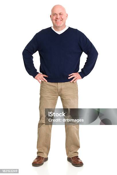 Happy Mature Man Standing Portrait Stock Photo - Download Image Now - Overweight, People, Sweater
