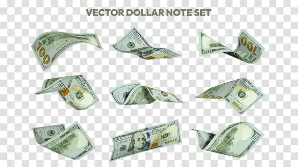 Vector illustration of Vector illustration of set of US dollar notes flying in different angles and orientations. Currency note design in Scalable eps format