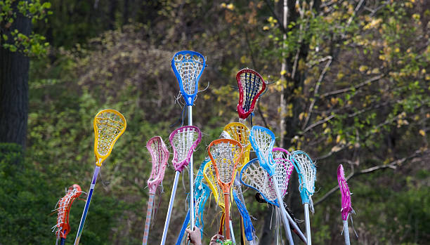 girls lacrosse sticks raised in the air stock photo