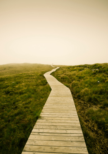 Two unknown man coming out of mist walking on a long boardwalk. Toned image.See also other Ireland shots