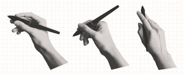 ilustrații de stoc cu set de mâini cu un stilou în diferite poziții. mâini care țin un stilou în semiton. ilustrație vectorială punctată. elemente de mână la modă pentru colaj - pix
