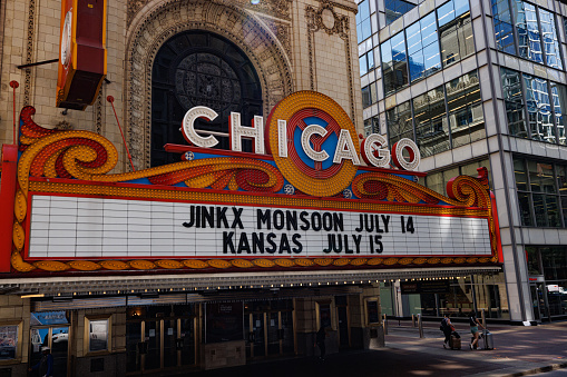Chicago, United States - August 13, 2015: Chicago theater with shows about to start on an early summer's evening
